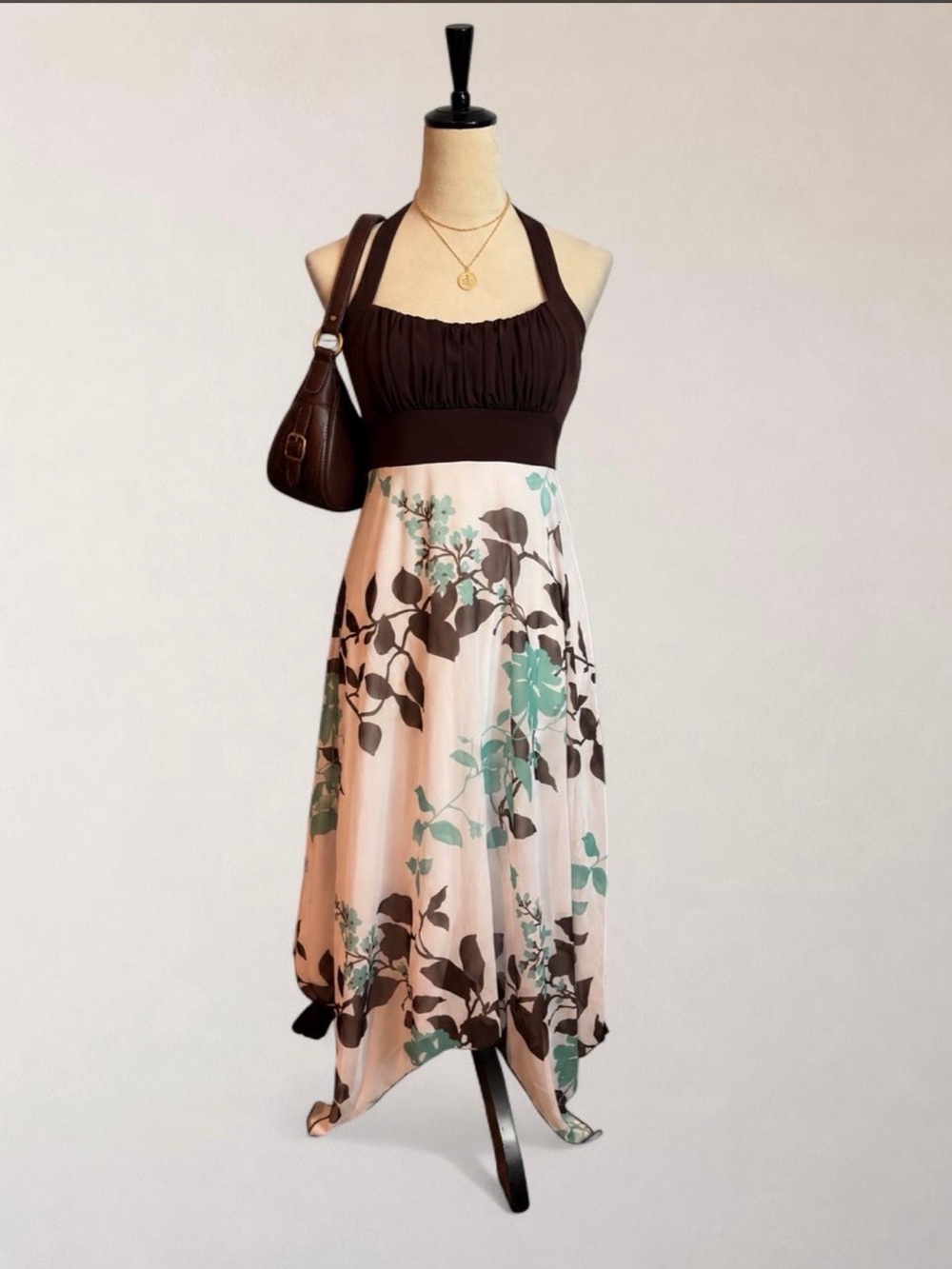 Speechless Floral Halter Handkerchief Maxi Dress Brown Aqua Size L